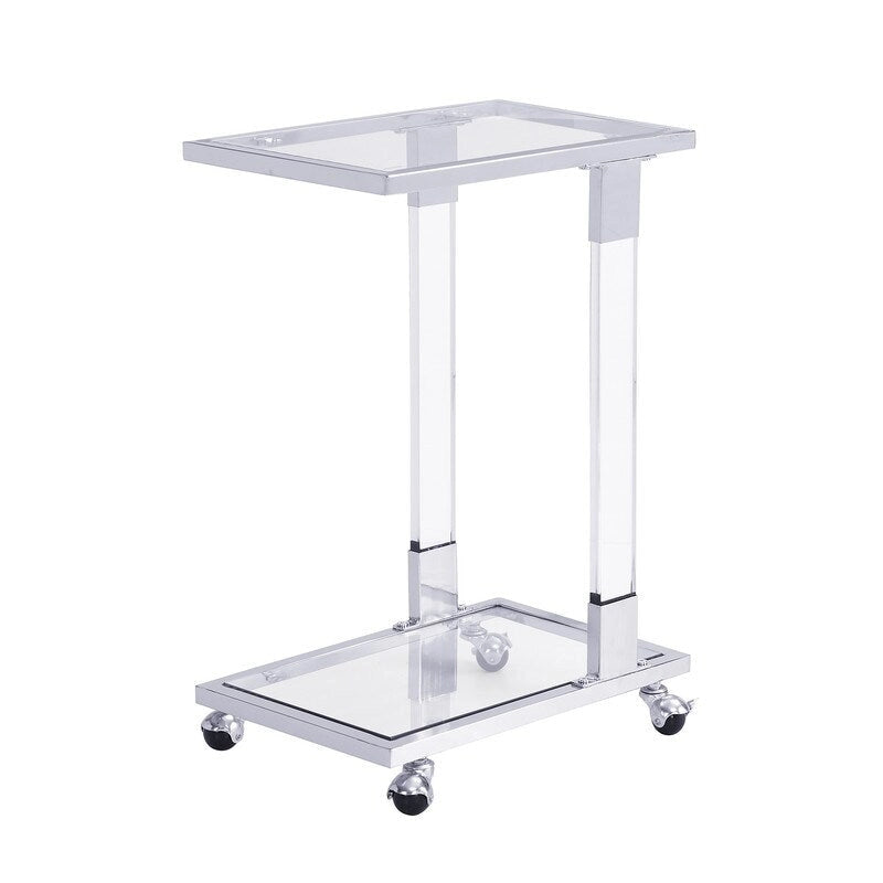 Modern Contemporary C-Shaped Side Table Snack Table with Tempered Glass, Steel and Acrylic Frame, Lockable Casters