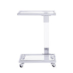 Modern Contemporary C-Shaped Side Table Snack Table with Tempered Glass, Steel and Acrylic Frame, Lockable Casters