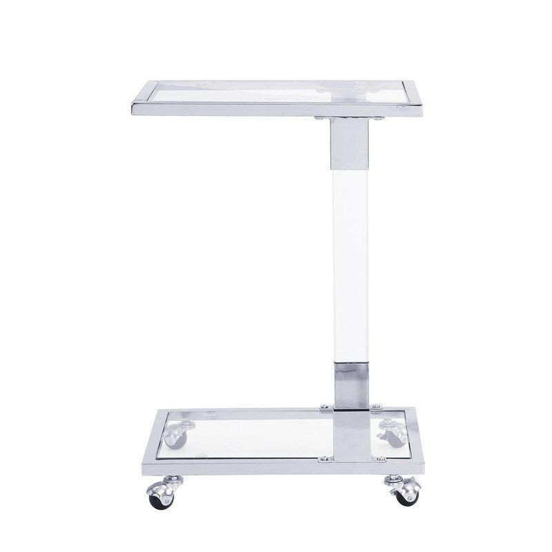 Modern Contemporary C-Shaped Side Table Snack Table with Tempered Glass, Steel and Acrylic Frame, Lockable Casters