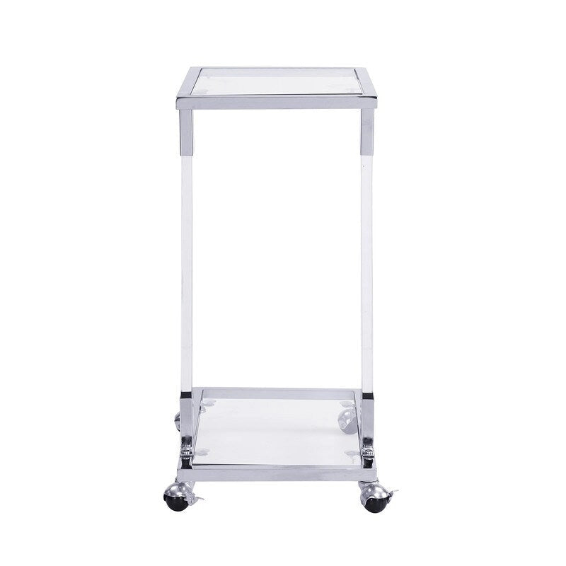 Modern Contemporary C-Shaped Side Table Snack Table with Tempered Glass, Steel and Acrylic Frame, Lockable Casters