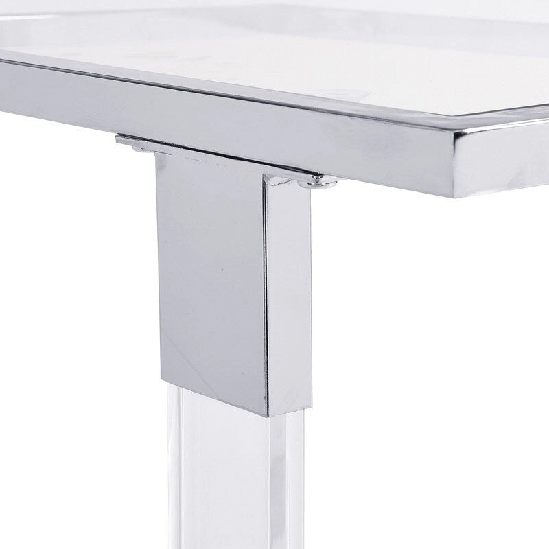 Modern Contemporary C-Shaped Side Table Snack Table with Tempered Glass, Steel and Acrylic Frame, Lockable Casters