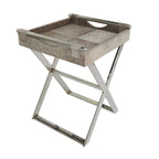 Leather Tray Table Side End Accent Table with Diagonal Silver Legs and Handles - Grey