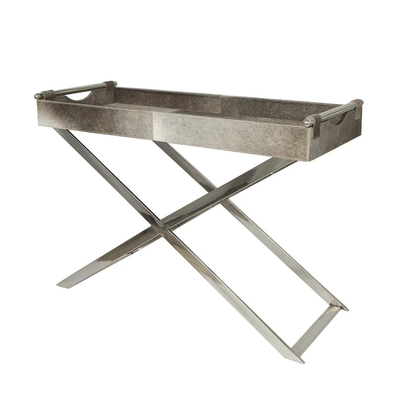 Leather Tray Table Side End Accent Table with Diagonal Silver Legs and Handles - Grey
