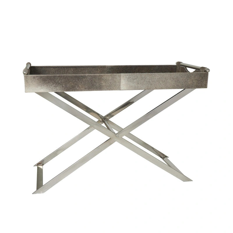 Leather Tray Table Side End Accent Table with Diagonal Silver Legs and Handles - Grey