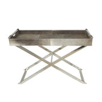 Leather Tray Table Side End Accent Table with Diagonal Silver Legs and Handles - Grey