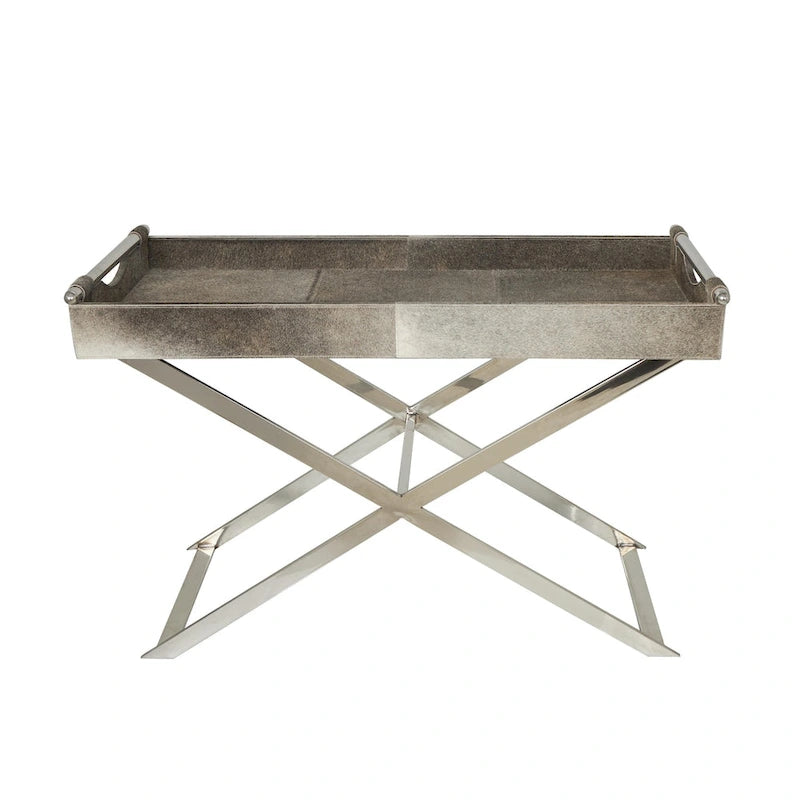 Leather Tray Table Side End Accent Table with Diagonal Silver Legs and Handles - Grey
