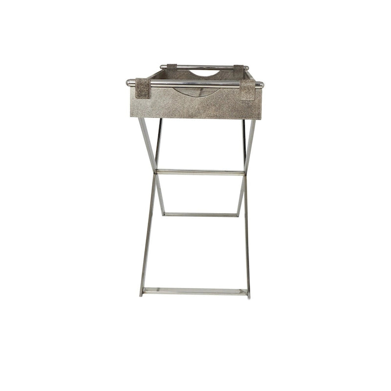 Leather Tray Table Side End Accent Table with Diagonal Silver Legs and Handles - Grey