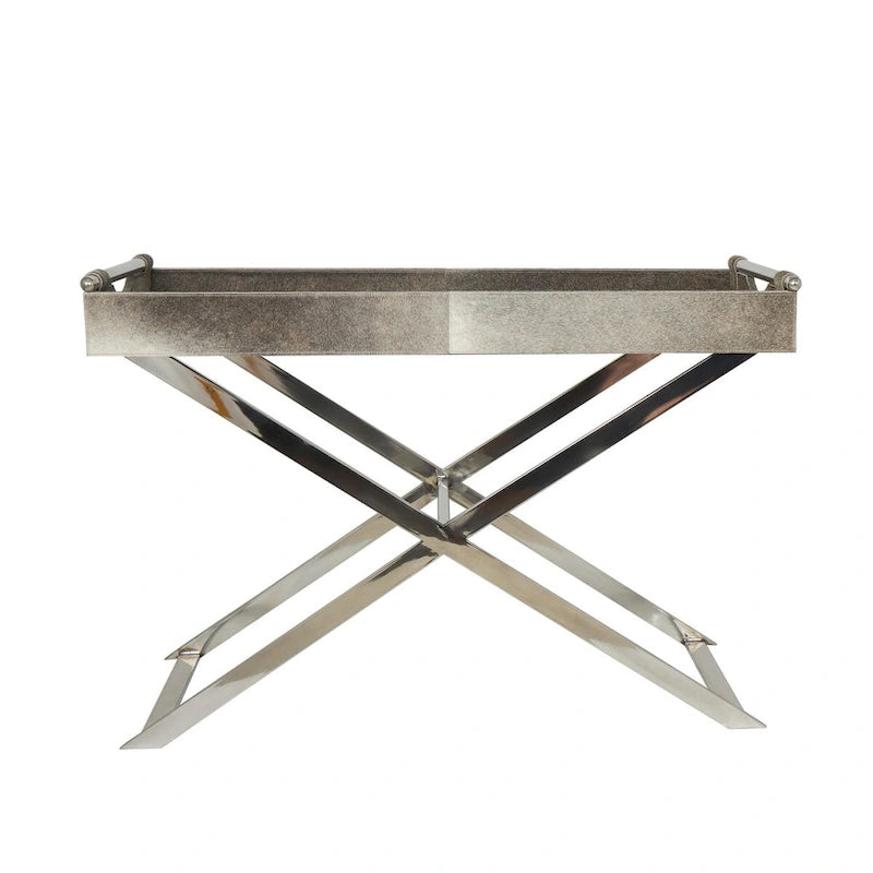 Leather Tray Table Side End Accent Table with Diagonal Silver Legs and Handles - Grey
