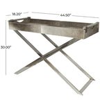 Leather Tray Table Side End Accent Table with Diagonal Silver Legs and Handles - Grey