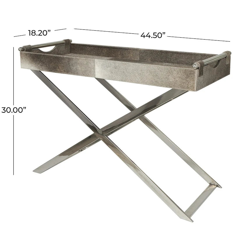 Leather Tray Table Side End Accent Table with Diagonal Silver Legs and Handles - Grey
