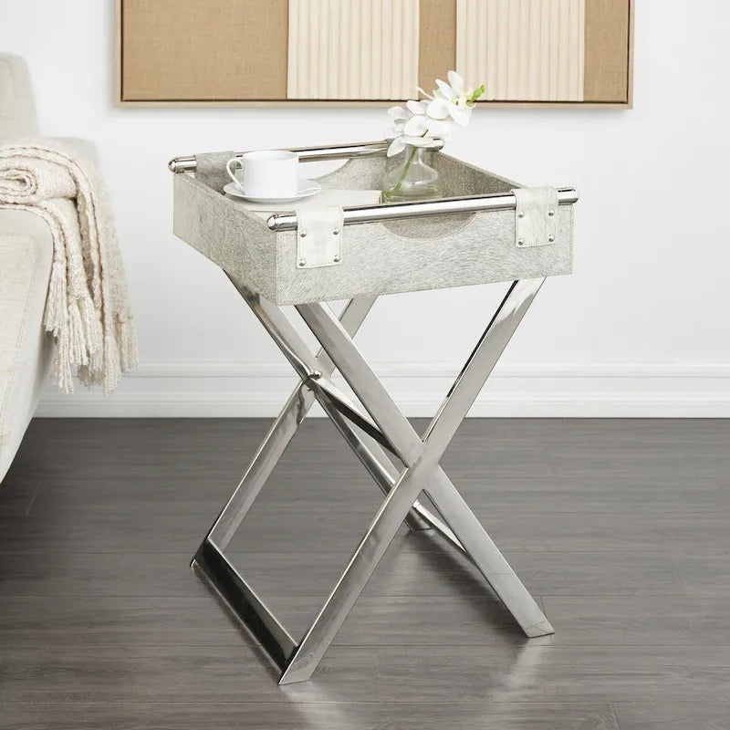 Leather Tray Table Side End Accent Table with Diagonal Silver Legs and Handles - Grey