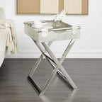 Leather Tray Table Side End Accent Table with Diagonal Silver Legs and Handles - Grey