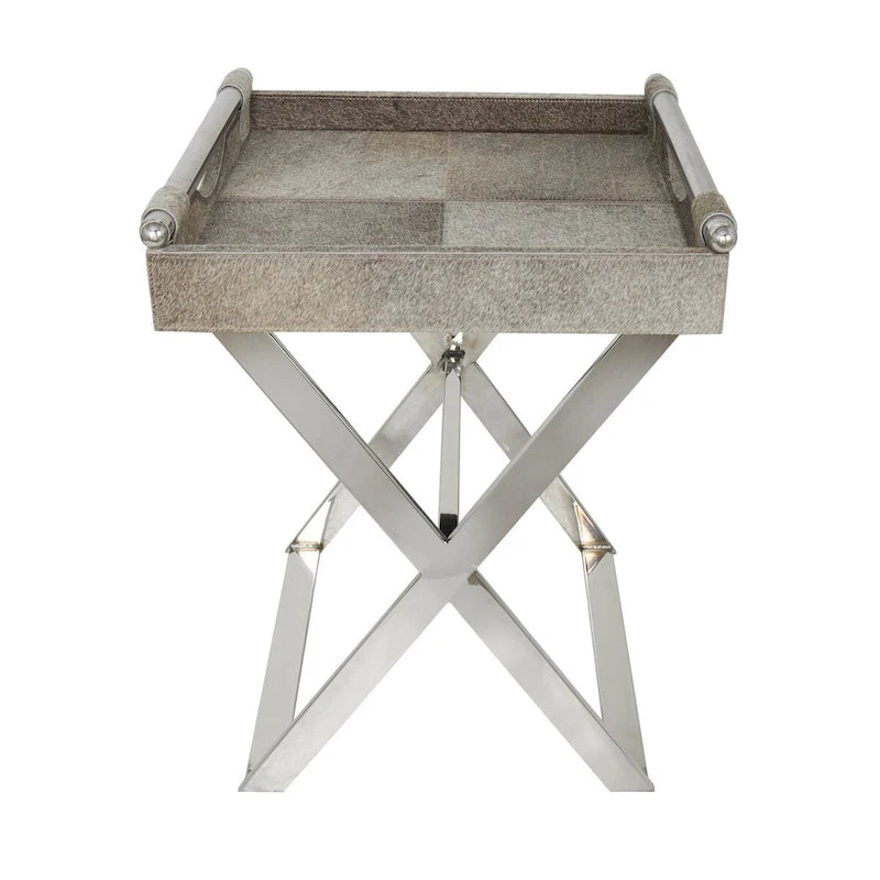 Leather Tray Table Side End Accent Table with Diagonal Silver Legs and Handles - Grey