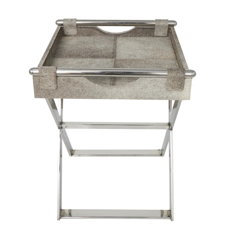 Leather Tray Table Side End Accent Table with Diagonal Silver Legs and Handles - Grey