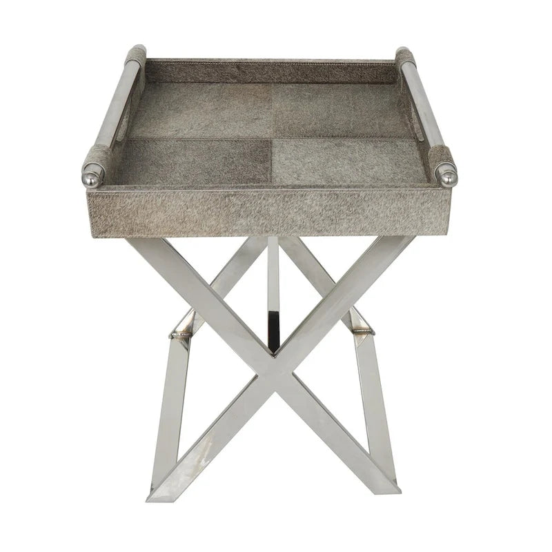 Leather Tray Table Side End Accent Table with Diagonal Silver Legs and Handles - Grey