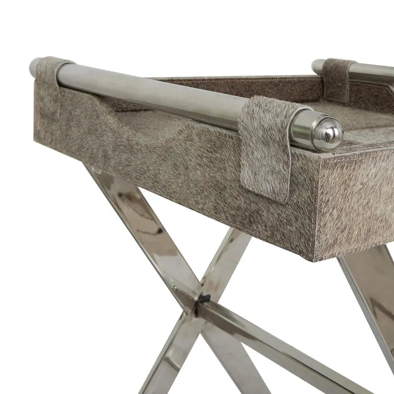 Leather Tray Table Side End Accent Table with Diagonal Silver Legs and Handles - Grey
