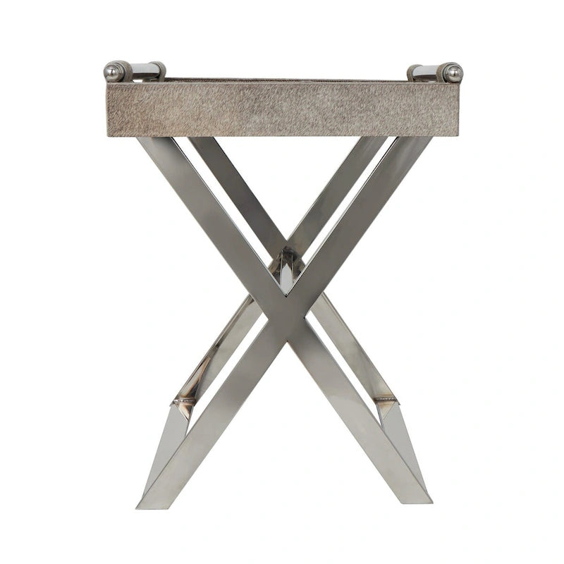 Leather Tray Table Side End Accent Table with Diagonal Silver Legs and Handles - Grey