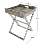 Leather Tray Table Side End Accent Table with Diagonal Silver Legs and Handles - Grey