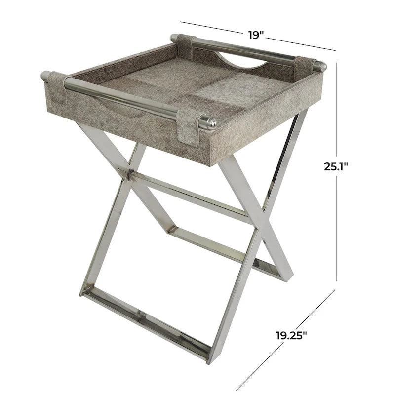 Leather Tray Table Side End Accent Table with Diagonal Silver Legs and Handles - Grey